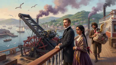 A gentleman and a young woman stand at the rail of a paddle steamer leaving harbour while a servant carries a bundle of costume wings.
