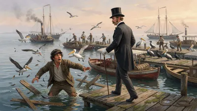 A servant plunges through a rotten plank on a floating quay amid startled seabirds while a gentleman walks on ahead.