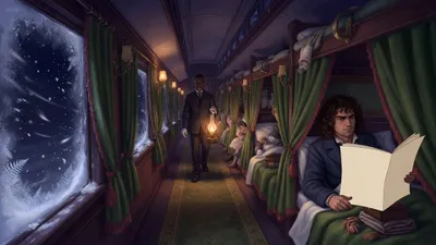 A railway carriage converted into curtained sleeping berths at night, a steward walking down the aisle with a lamp.