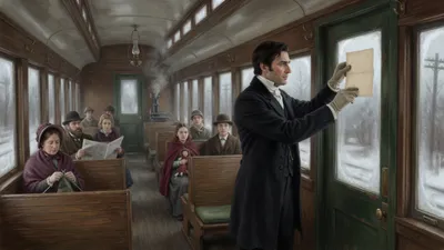 A man dressed in black pins a blank notice to a railway carriage door while passengers glance up.