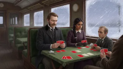Three travellers play cards at a folding table in a snowbound railway carriage, one glancing nervously down the aisle.
