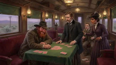 A red-bearded man leans insolently over a card table as a composed gentleman rises to face him and a young woman reaches for his sleeve.