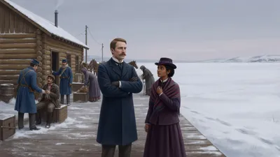 A motionless gentleman with folded arms stares across a snowy plain while a young woman watches his face.