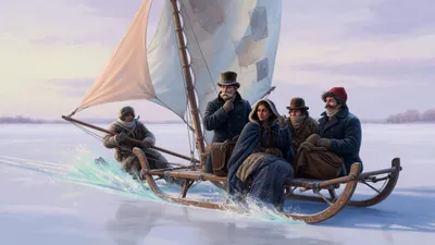 A sail-rigged sledge flies across a flat snowy plain carrying four wrapped-up passengers and a driver at the tiller.