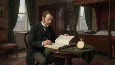 A gentleman studies a blank-paged travel guide beside a gold watch at a hotel table in cold morning light.