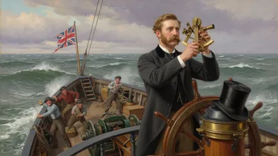 A gentleman in a frock coat takes a sextant sighting from the bridge of a small steamer at sea.