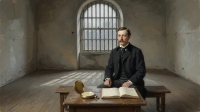 A composed gentleman sits upright on a bench beside a blank-faced watch in a bare room with a barred window.