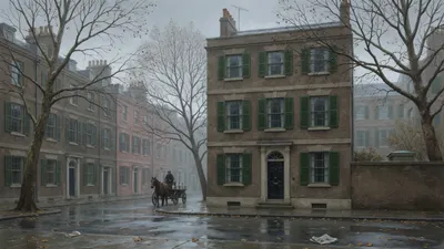 A shuttered Georgian townhouse on a wet grey London street with bare trees and a distant cart.