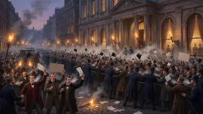 A vast crowd fills a gaslit street outside a classical club building, held back by police constables.