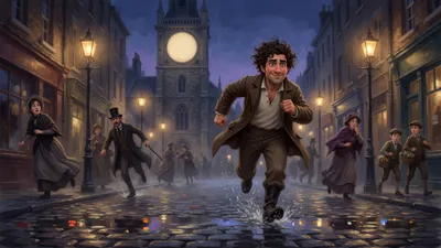 A hatless man sprints down a gaslit London street scattering startled passers-by.
