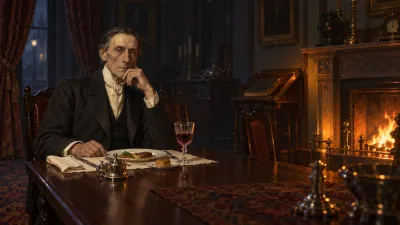 A tall, lean Victorian gentleman sitting alone at the end of a long dining table in a firelit room, his meal untouched, staring at nothing.