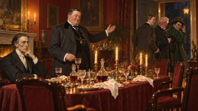 A candlelit Victorian dining room after a party, with several guests collecting hats at the door while the host waves them off and one lean, seated gentleman stays put at the table.