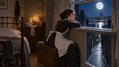 A young Victorian maid sitting on a wooden box beneath an open attic window, resting her chin on her arms and gazing out at a moonlit empty lane below.