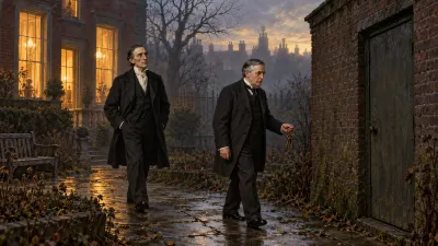 A Victorian butler with keys leading a tall gentleman across a bare paved yard at dusk toward a windowless brick building with a single plain door.