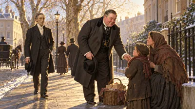 A large, well-dressed Victorian doctor standing bare-headed in a sunlit London square, stooping to speak kindly to a poorly dressed woman and child, while a lean gentleman approaches along the pavement.