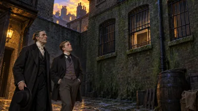 Two Victorian gentlemen standing in a damp, shadowed inner courtyard looking up at three barred windows high in a brick wall, with sunset light still gold on the rooftops above.