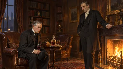 A grey-haired Victorian butler perched on the edge of a chair in a firelit study, hat in hand and an untouched glass of wine on his knee, staring at the floor while a lean gentleman stands at the hearth watching him.