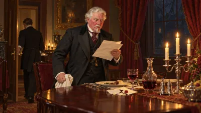 A white-haired Victorian doctor half rising from his dinner table holding an opened letter, a torn registered envelope beside his plate, his face blank with astonishment in candlelight.