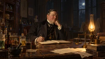 A large, handsome Victorian doctor of about fifty sitting alone at a long laboratory worktable at night, pen in hand, half his face lit by a single lamp and half in shadow.