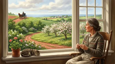 A woman knits at a sunny kitchen window overlooking a red country road, where a bearded man drives a buggy up a blossom-lined hill in the distance.