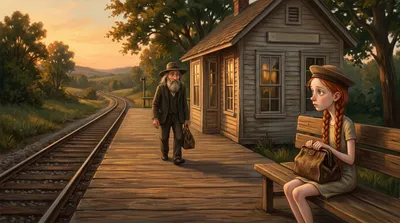 On an empty evening train platform, a bearded older man approaches a small red-haired girl in a faded dress sitting on shingles with an old carpet-bag.