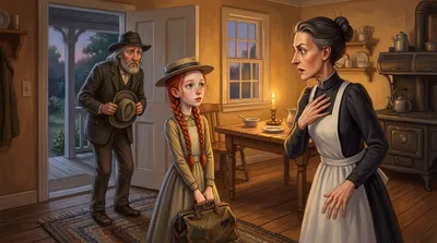 A stern older woman freezes in surprise in a kitchen doorway, facing a small red-haired girl with a carpet-bag while an apologetic bearded man stands behind.