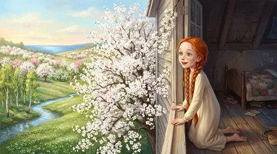 A red-haired girl in a nightgown kneels joyfully at an attic window beside a cherry tree covered in white blossoms, orchards and a distant sea beyond.