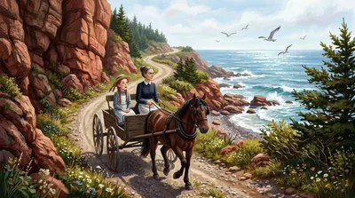 A buggy carrying a red-haired girl gazing at the sea and a stern older woman driving travels a shore road beside red cliffs, gulls over blue water.