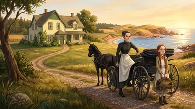 A stern older woman and an anxious red-haired girl step down from a buggy in front of a large yellow seaside farmhouse in warm afternoon light.