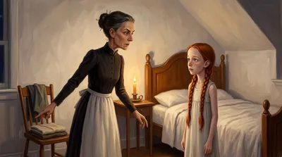 A stern older woman gestures toward a chair while a red-haired girl in a nightgown listens in a plain candlelit attic bedroom.