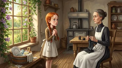 A trembling red-haired girl clasps her hands and pleads to a calm older woman in a sunlit farmhouse kitchen.