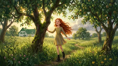 A red-haired girl with wind-ruffled hair wanders joyfully through a sunlit green orchard in the evening.