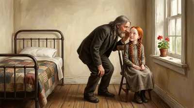 A stooped bearded old man tiptoes in and whispers kindly to a red-haired girl seated by a window in a plain bedroom.