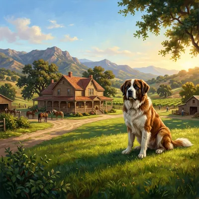 A large brown and white dog sitting proudly on the green lawn of a beautiful, sprawling estate.