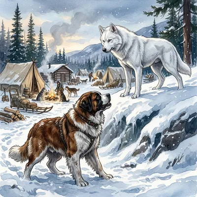 A large brown and white dog glaring fiercely up at a massive white husky standing on a snowbank.