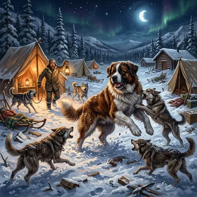 A large brown and white dog defending himself against a pack of starving wild dogs invading a snowy camp at night.