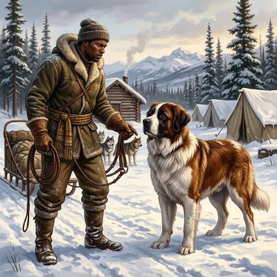 A man in winter gear holding a harness while a large brown and white dog stubbornly stands out of his reach.