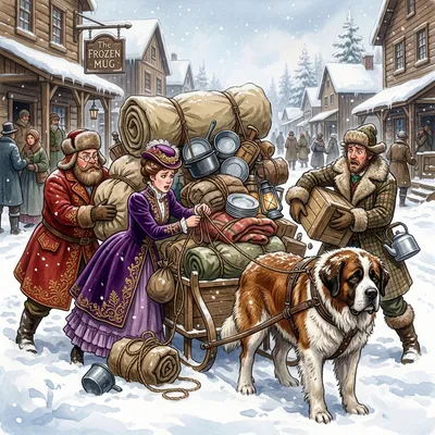Three inexperienced people overloading a sled while an exhausted brown and white dog stands in the harness.