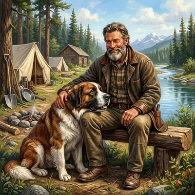 A healthy brown and white dog resting his head affectionately on the knee of a smiling, rugged prospector.