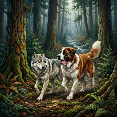 A large brown and white dog running joyfully through a dark forest alongside a wild grey timber wolf.