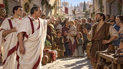 An illustration of a crowded, sunlit Roman street on a holiday: two officials in white togas confront a crowd of workers in their best clothes, while a grinning shoemaker holding a small leather tool answers back from the right of the frame.