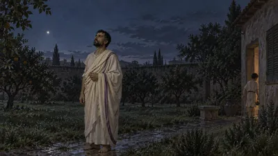 An illustration of a walled orchard in deep blue pre-dawn light: a barefoot man in a plain toga stands alone on a wet path looking up at the sky, while a boy carrying an unlit lamp disappears into the house behind him.