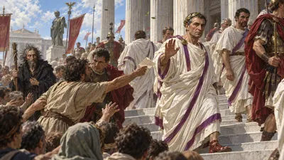 An illustration of a crowded marble staircase in bright morning light: a laurel-crowned man in a purple-bordered toga climbs on with a dismissing gesture while a petitioner thrusts a folded paper toward him from the crowd, and a ragged old man with a staff watches from the left edge.