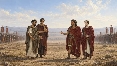 An illustration of a vast flat plain under a pale morning sky: two Roman armies face each other along the far edges of the frame while four commanders in cloaks stand in two pairs in the empty centre, one speaking with his chin raised and another resting a hand on a sheathed sword hilt.