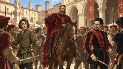Prince Escalus on horseback gesturing sternly between brawling noblemen and citizens in a sunlit Italian market square.