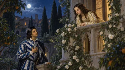 Juliet on a stone balcony framed by climbing roses looking down at Romeo standing among moonlit orchard trees.