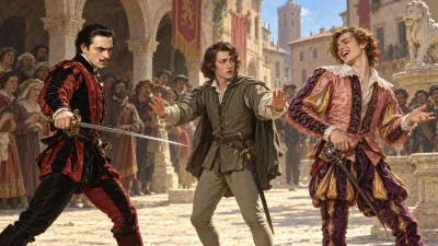 Tybalt and Mercutio facing off with rapiers in hand beneath harsh noon sunlight on Verona cobblestones.