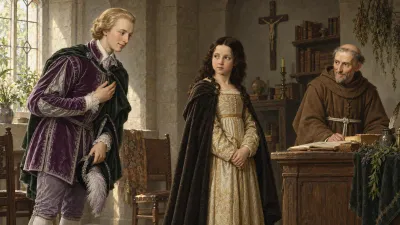 Count Paris smiling courteously at Juliet who answers with guarded composure in Friar Laurence's cell.