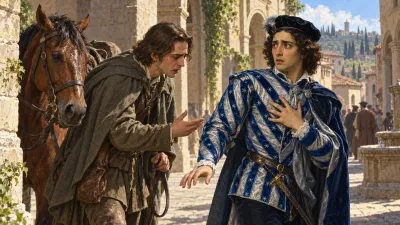 Balthasar with dust on his riding clothes speaking with sorrow to a pale, stricken Romeo in a Mantua street.