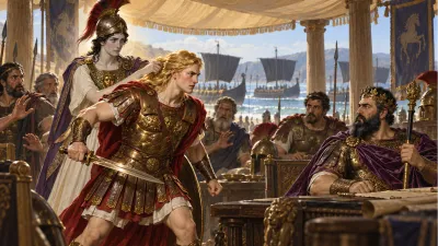 In a sunlit Greek council tent by beached black ships, an enraged young blond warrior draws his bronze sword while the goddess Athena, glowing with unseen divine light, grasps his hair to hold him back from a dark-bearded king in purple.
